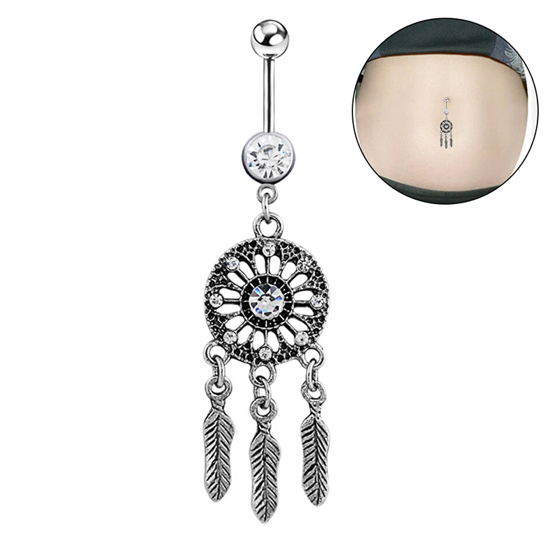 

Feather Rhinestone Navel Ring Belly Button Bar Ring Dangle Body Piercing Jewelry for Women