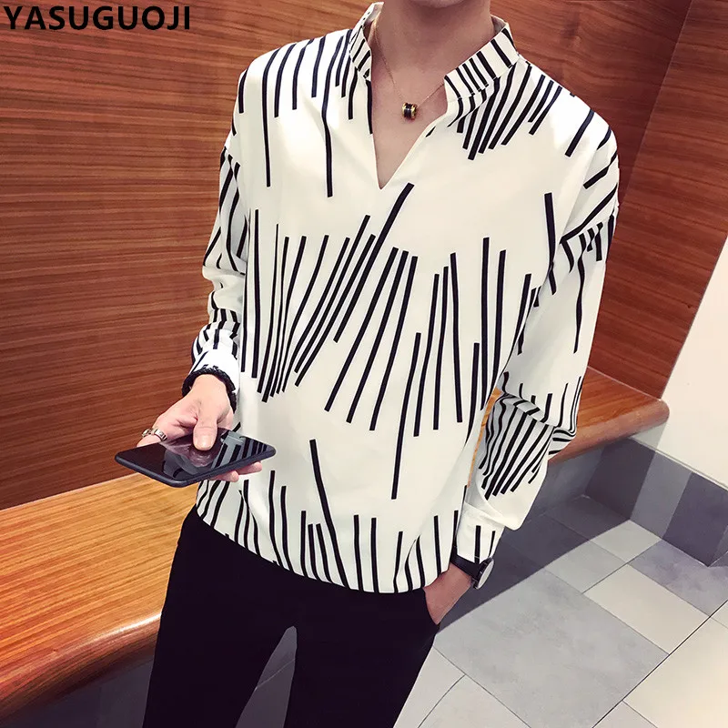 

YASUGUOJI new 2018 autumn fashion v-neck irregularity striped polo shirts men summer loose long-sleeve shirt men chemise homme
