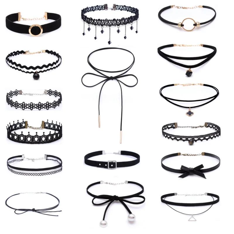 16PC/set black Velvet Lace Tattoo collar Necklaces Multilayers Choker Necklace woman wedding Party Jewelry Neck accessories | Украшения и
