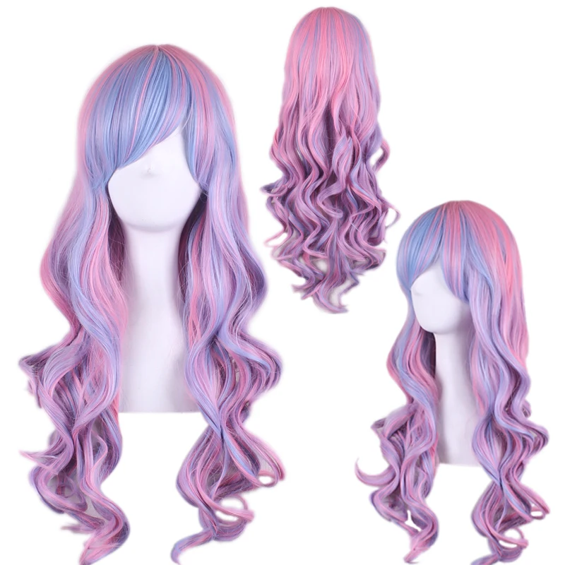 Высококачественные, смешанного синий розовый выделяет на волосах Синтетические волосы Аниме косплей парик длинные волнистые