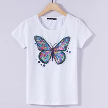 Расшитая блестками футболка с бабочкой, Женская хлопковая футболка с коротким рукавом, женские повседневные топы с круглым вырезом, 4 цвета, M-3XL, лето, новое поступление