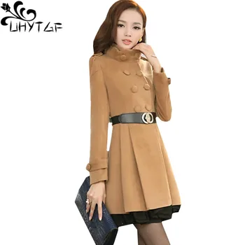 

UHYTGF S-3XL New fashion Korean Jacket womens Double-breasted Lace Skirt style slim Female Autumn Winter Woolen jacket tide 212