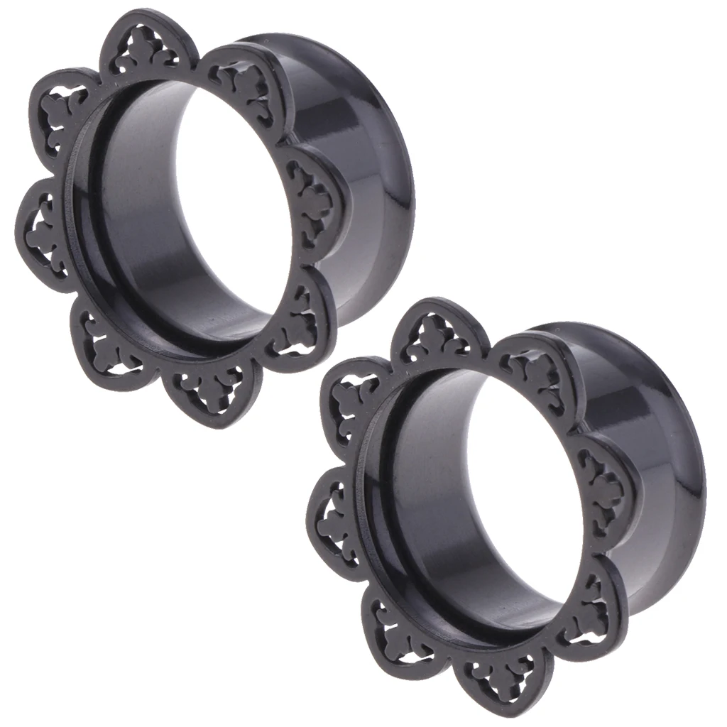 2Pieces Black Flower Stainless Ear Flesh Tunnels Flared Earrings Gauges 8mm