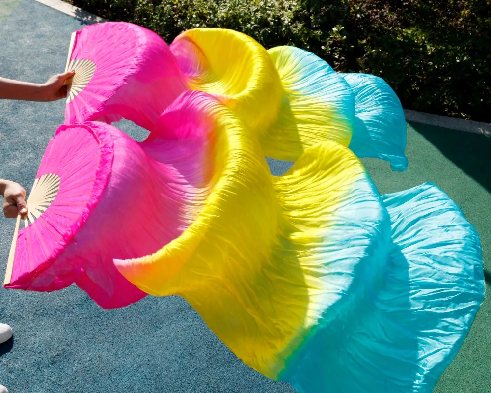 2018 female high quality Chinese silk veils dance fans Pair of belly dancing fans cheap hot sale rose+yellow+turquoise