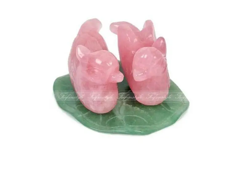 

1 Pair carved natural rose quartz mandarin duck on aventurine leaf figurine F819 natural stones and minerals