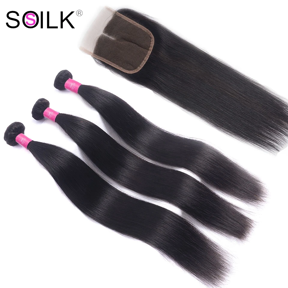 

Brazilian Straight Hair Bundles with Closure 4X4 inch Free Part Closure with Hair Weave Bundles 4 Bundle Deals 8-28 inches Remy