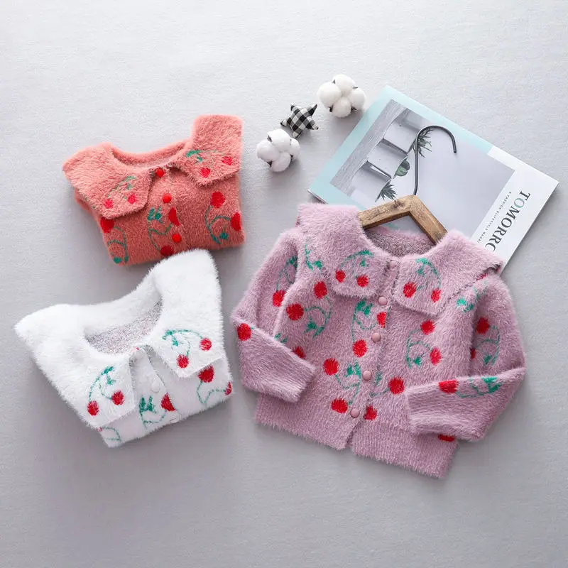 

Autumn Girls Long Sleeve Lapel Collar Cherry Print Knitwear Cardigan Baby Kids Knitted Sweater Casual Outerwear Coat Sweatercoat