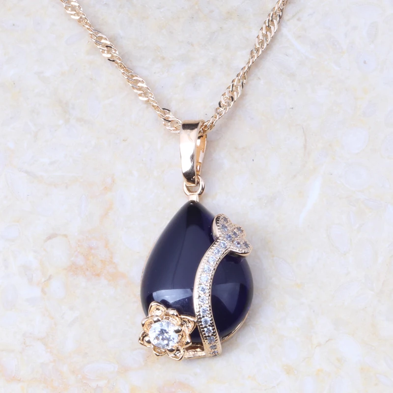 

Beautiful Gold Colour Water Drop Blue Cubic Zirconia Necklace Pendants D015 Jewelry Bag
