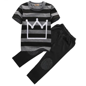 

US STOCK Summer Kids Boys printed striped short sleeve crown T-shirt Tops and Long legging Pants Clothes Outfits Set for boys