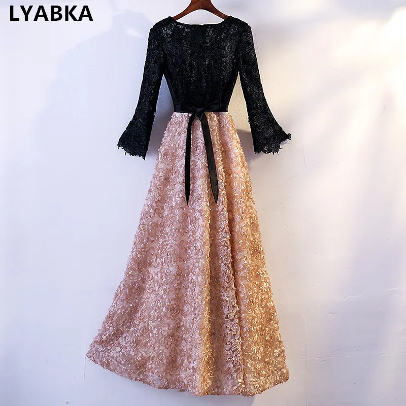 Long Sleeve Elegant Evening Dress Robe De Soiree Lace A-line Prom Scoop Neck Gold Black Dresses 2019 | Свадьбы и торжества