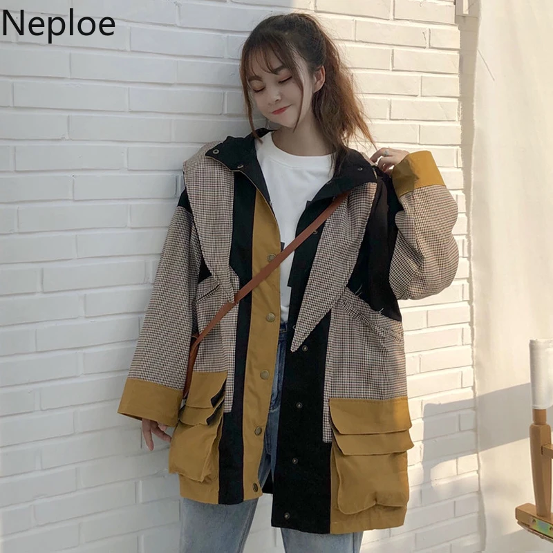 

Neploe Korean Women Autumn Hooded Jacket Contrast Color Patchwork Pockets Long Sleeve Casual Outerwear Fashion Female Coats 3553