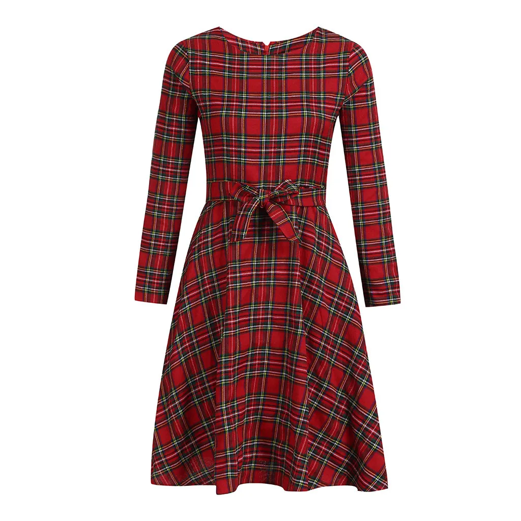 Зимние Вечерние платья Женская одежда готическое клетчатое платье с круглым вырезом и длинным рукавом элегантное платье платья для вечеринок с поясом vestidos - Цвет: Красный