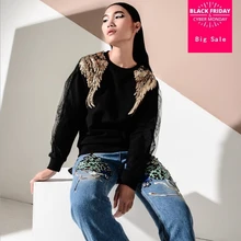 Блестящий длинный рукав, топы, футболка, новая летняя повседневная хлопковая Футболка с круглым вырезом, украшенная бисером, L329