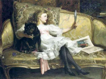

Figure Wall Oil Painting on Canvas for Home Decor Young Beauty Girl on Sofa with Mirror and Her Pet Dog Handpainted Art