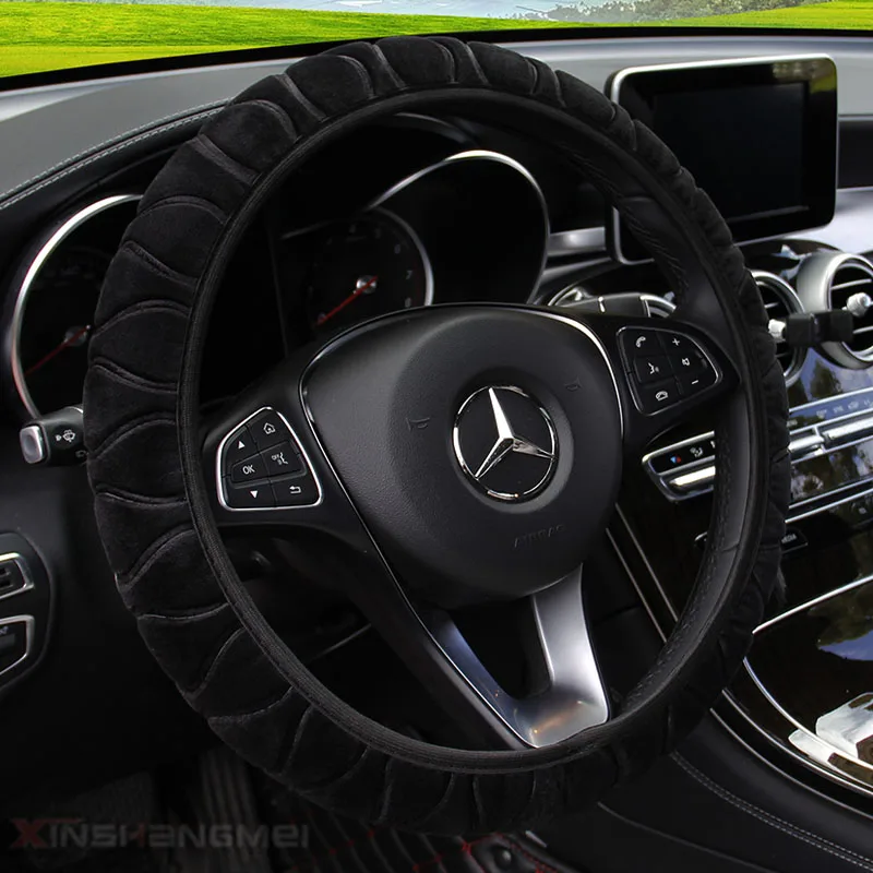 

KKYSYELVA Leather Auto Car Steering Wheel Cover 38CM/15'' Anti-catch Holder Protector Interior Accessories