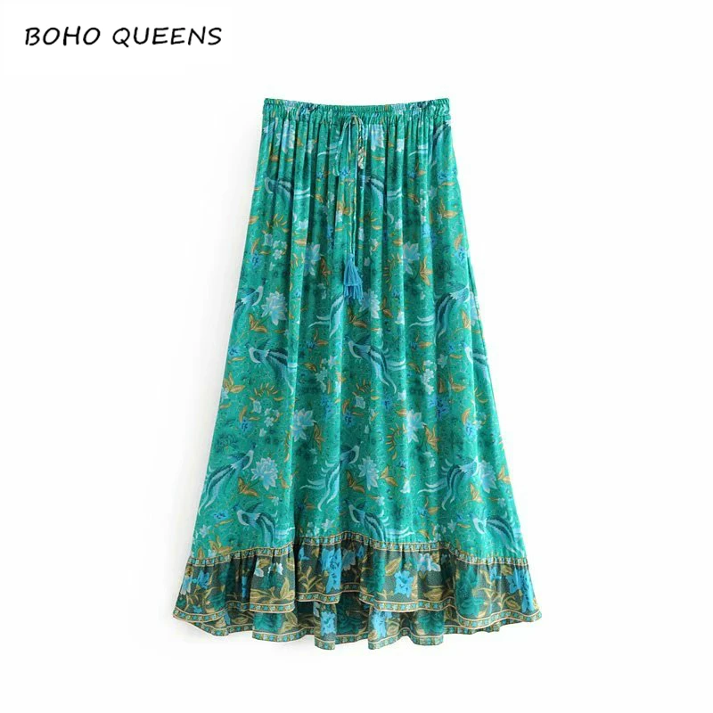 

Vintage chic women Hippie green floral print beach Bohemian pleated skirt High Elastic Waist Maxi A-Line Boho Skirt Femme