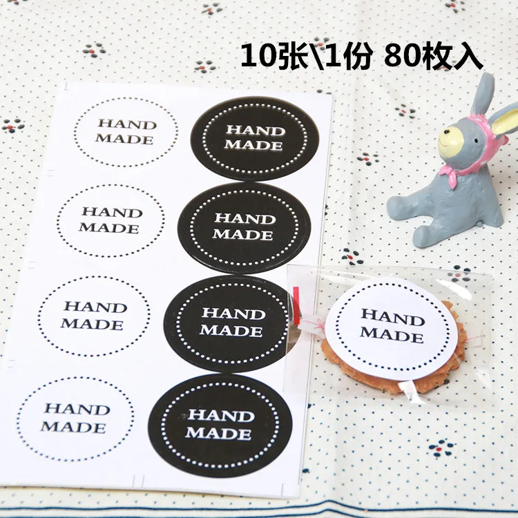 

80Pcs Craft Black White HAND MADE Packaging Sealing Label Kraft Sticker Baking DIY Work Round Gift Stickers 3.6x3.6CM M1010