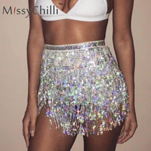 MissyChilli, сексуальная бандажная летняя юбка с пайетками, блестящая пляжная мини-юбка с кисточками, Женская Клубная короткая юбка с высокой талией, Новинка