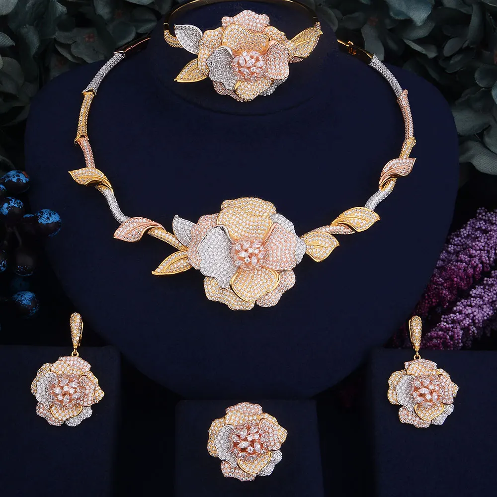 

GODKI 43mm Luxury Rose Flower Women Wedding Cubic Zirconia 4pcs Necklace Earring Ring Bangle Dubai Jewelry Set Jewellery