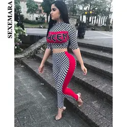 SEXEMARA Шахматная сексуальный комплект из двух частей укороченный топ и штаны бодикон летняя одежда для Для женщин плед Повседневное