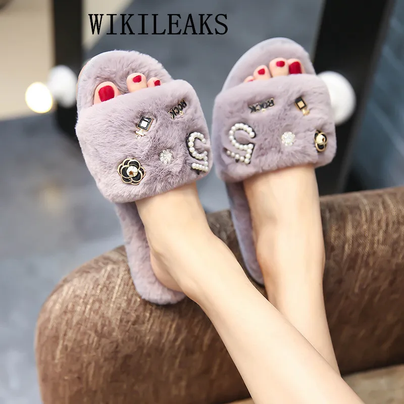 Fur Slippers Women Slip On Designer Slider Fluffy Slippers Ladies Shoes Home Slipper Winter Flip 