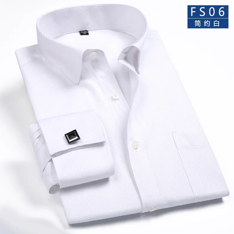 Мужская рубашка для свадьбы, мужская рубашка под смокинг, французские запонки, новая официальная Мужская рубашка с длинным рукавом, Облегающая рубашка с французскими манжетами, 4XL - Цвет: FS06 Twill white
