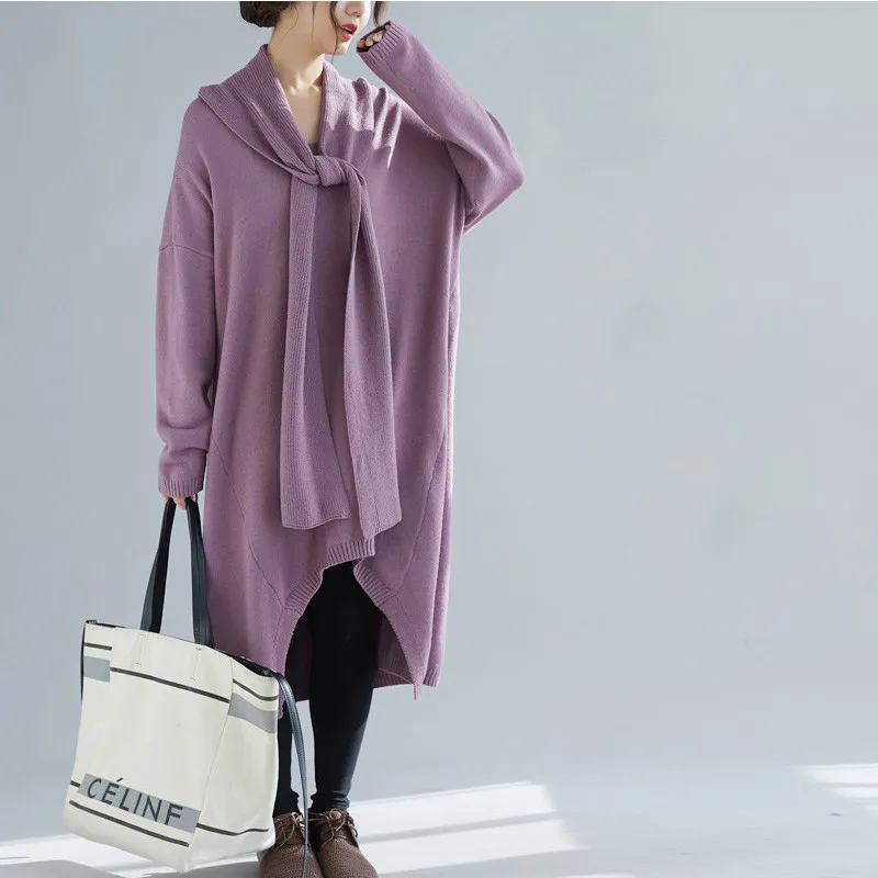 Johnature Knit Solid Color Women Long Sweater Dress Spring 2019 Casual Loose Irregular Grey Purple(including scarf) Sweaters New | Женская
