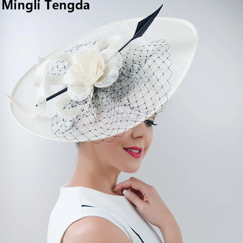 Mingli Tengda, винтажная элегантная красная шляпа для невесты, свадебные шляпы с перьями и цветами, вечерние шляпы для невесты, свадебные аксессуары - Цвет: White