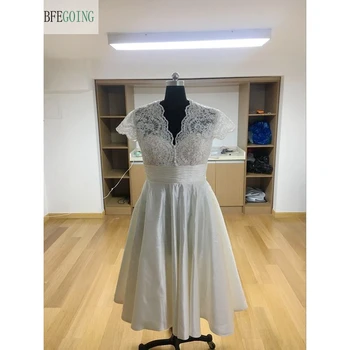 

Ivory Lace Satin V-Neck Knee-Length A-line Wedding dresses Cap Sleeves Bridal gown Custom made