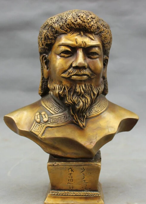

wholesale factory 9" Chinese Bronze Mongolian Emperor Jenghiz Khan Genghis Khan Head Bust Statue