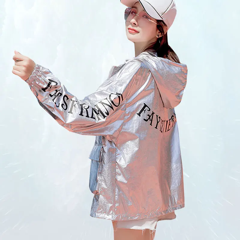 

Loose Bright Silver Bomber Jacket 2019 Summer Jacket Women Fashion Wild Print Plus size Outwear Printing Female Coat SL144
