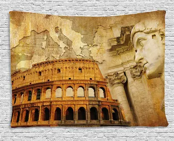 

Retro Tapestry Roman Empire Concept Famous Columns Sculptress Colosseum Map of the Nation Print, Wall Hanging for Bedroom