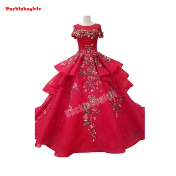 

1441 Ball Gown Ruffled Wedding Dress Short Sleeve Red Crystal Beading 3D Flower Lace Insert Pearls Bridal Dress