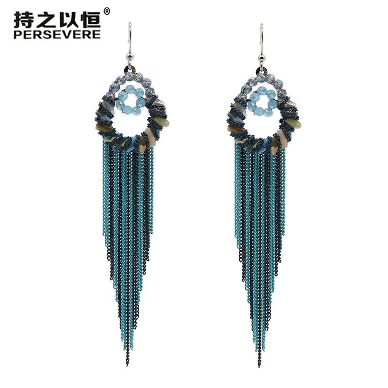 

Handmade Crystal Beaded Double Circle Long Chain Tassel Earrings For Women Geometric Beach Bohemian Earrings Party Wedding Gift