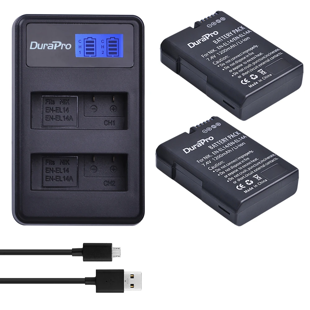 2 x DuraPro EN EL14a EN EL14 EL14 Battery + LCD USB Dual Charger For