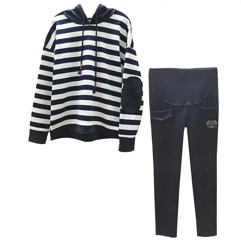 

Autumn Winter Maternity Clothing Pregnancy Wear Jacket Coat New Fashion Stripe Hoodie+trousers Sets Casual Outfit Hoodie