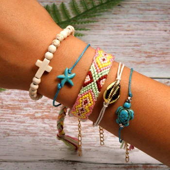 MOON GIRL 5 Pieces Puka Shell Bracelet Set Turtle Starfish Cross Beads Boho Weave Bracelet for Women Friendship Jewelry Dropship - Metal Color: 9