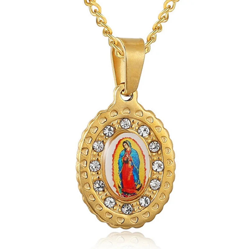 

Catholicism Virgin Mary Necklace Stainless Steel Our Lady Guadalupe Crystal Maria Pendants Necklaces For Religious Jewelry 2019