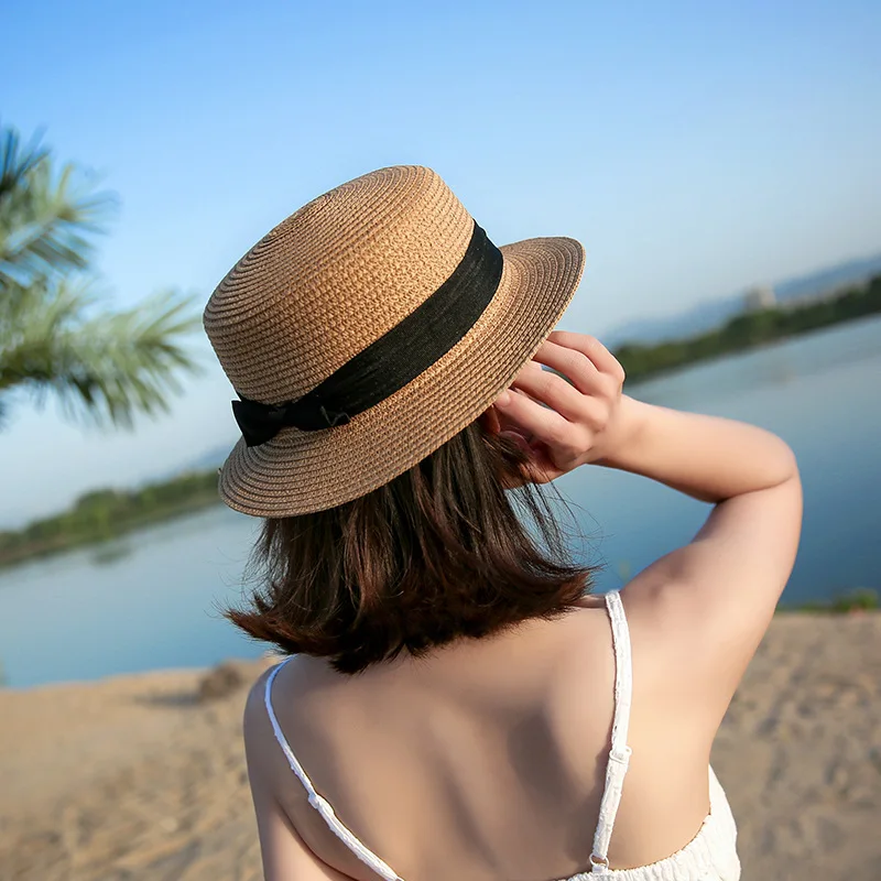 Новая веревочная плоская соломенная шляпа Защита от солнца модная женская соломенная шляпа с бантом на открытом воздухе пляжная шляпа летняя шляпа женская кепка Панама шапки