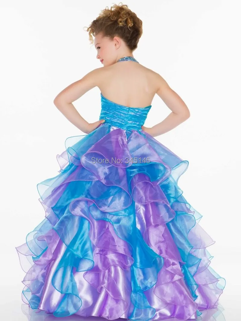 Девушки Pageant Платья A-Line Холтер Синий Фиолетовый Оборками Из Органзы Бисером Детские Длинные Цветочные Платья Для Свадьбы