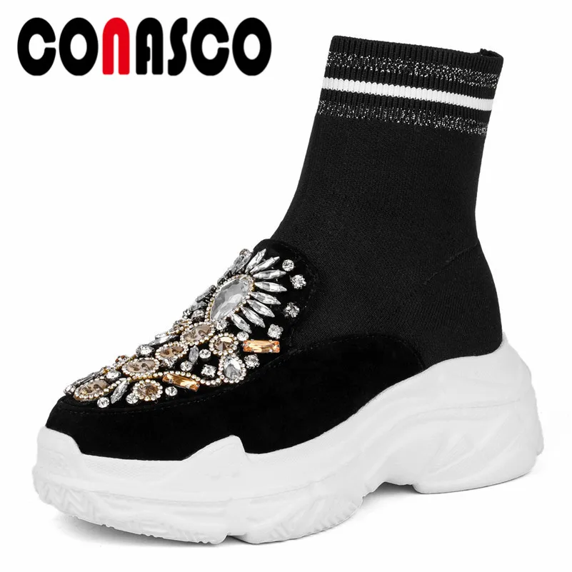 

CONASCO Fashion Women Ankle Boots Cow Suede Autumn Winter Warm Round Toe Flats Platforms Shoes Rhinestone Party Prom Shoes Woman