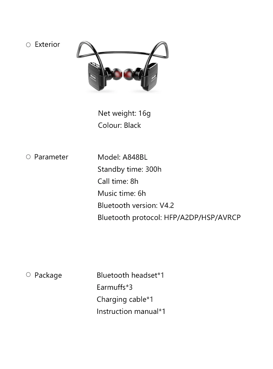 AWEI A848BL водонепроницаемые Bluetooth наушники с микрофоном, стерео Беспроводная гарнитура, музыкальные Bluetooth наушники, спортивные наушники