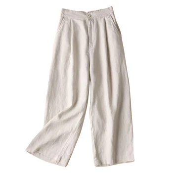 

2018 Autumn Women Summer Elastic Waist Solid Wide Leg Pants Loose Cotton Linen Pantalon Casual Pockets Baggy Trousers Plus Size