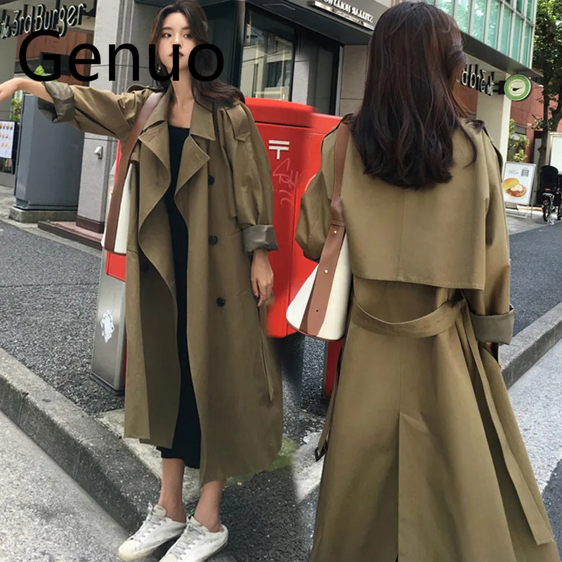 

Women Windbreaker Female Long Section Korean Version of The New Autumn Waist Was Thin Female Army Green Over Knee Coat Tide