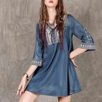 

Spring Summer Vintage Casual Women Embroidered 3/4 Sleeve Loose Denim Dress , 2019 Womens Embroidery Bleached Jeans Dresses