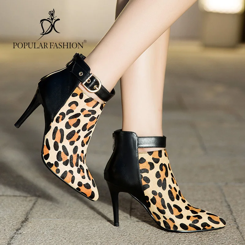 

Leopard Cow Leather Ankle Boots 9CM High Heels Boots Female Pointed Toe Botas Woman Spring Autumn Boots Women Winter Shoes