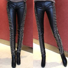 Сексуальные женские модные узкие брюки из искусственной кожи с шипами, брюки с заклепками, уличная одежда в стиле панк-рок, штаны для ночного клуба D162