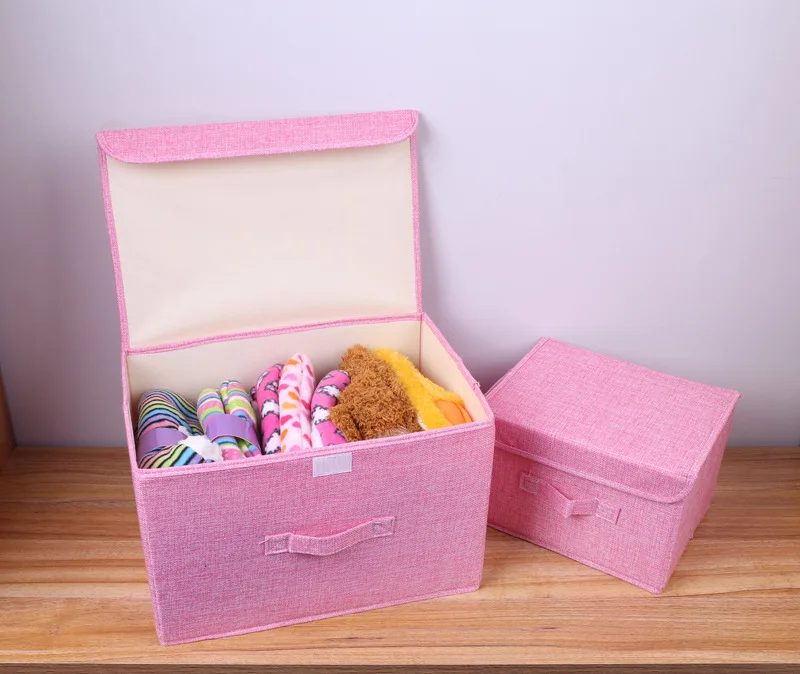 Cotton linen Fabric Folding CD Storage Boxes Foldable Bins Toys Organizer With Lids And Handles Storage Basket Laundry Basket