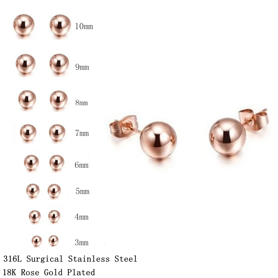 Size 3mm To 10mm Stainless Steel Ball Earrings(10pairs/lot),Rose gold