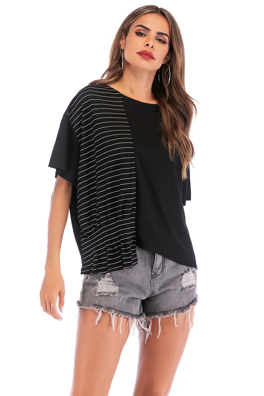 Gladiolus Hot Summer T Shirt Women Batwing Sleeve O Neck Striped Patchwork Irregular Loose T-Shirt Women 2019 Casual Ladies Tops (11)